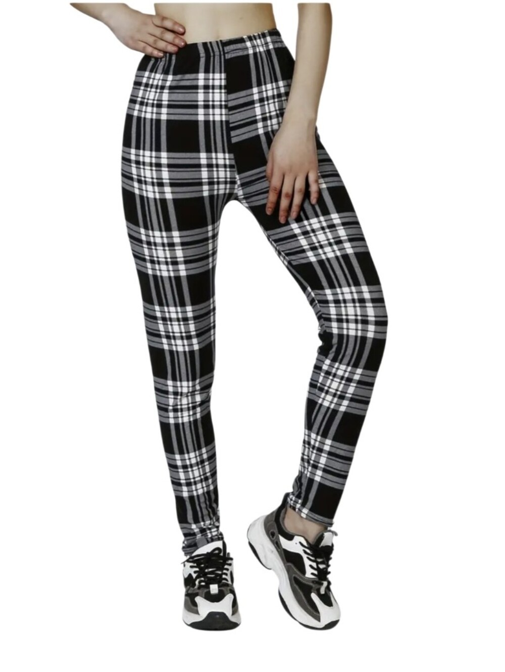 #7801 Plaid High-Waist Women’s Leggings - Black & White